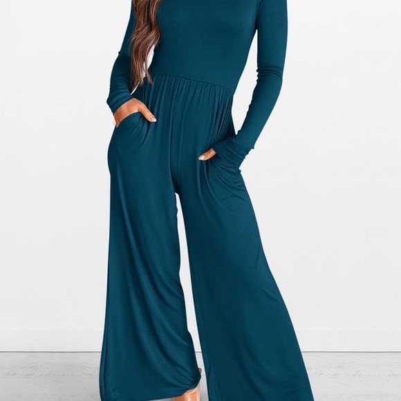 Teal Long Sleeve Wide Leg Jumpsuit NWT - Picture 3 of 7
